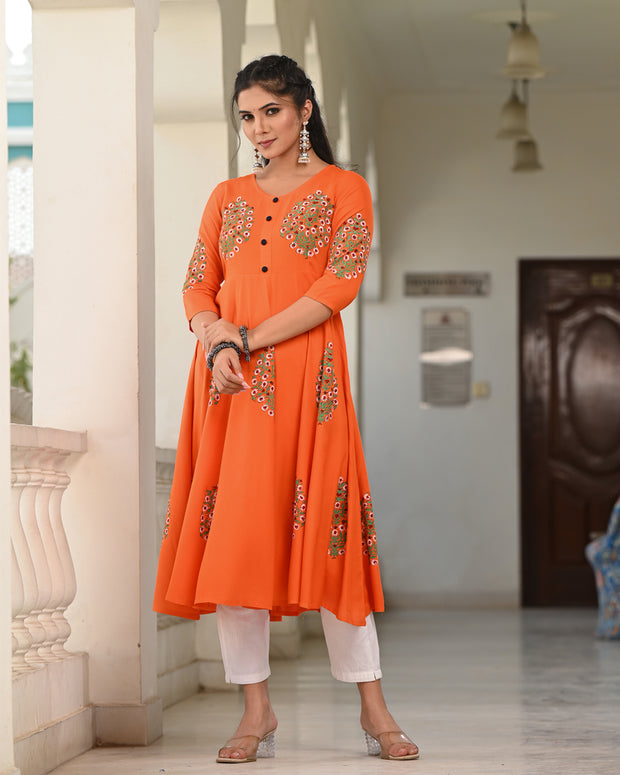 Block Printed Orange Kurta 119-ORG