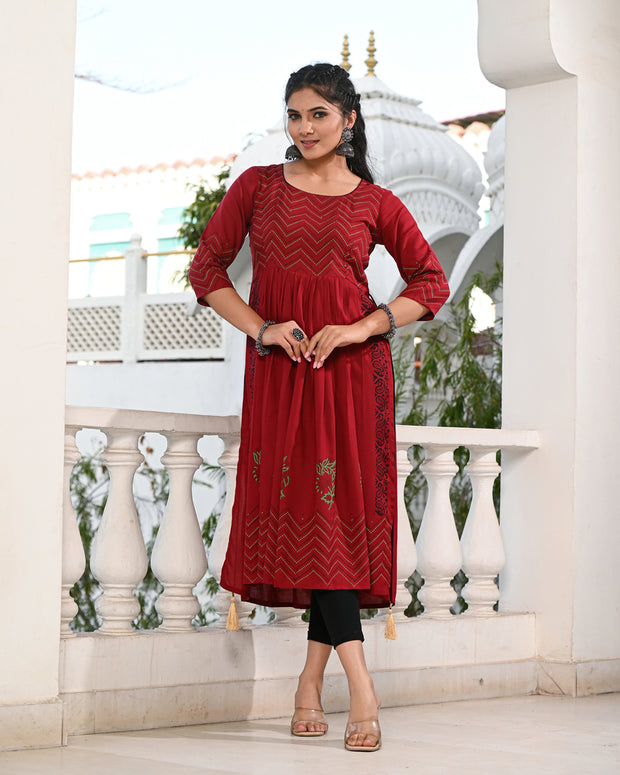 Block Printed Maroon Kurta 120-MRN