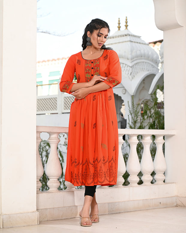 Block Printed Orange Kurta 121-ORG