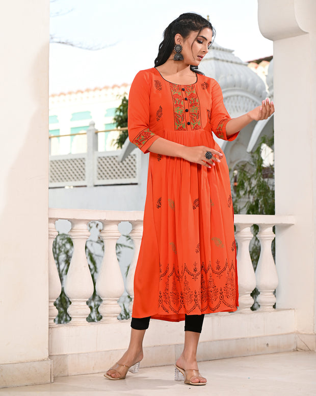 Block Printed Orange Kurta 121-ORG