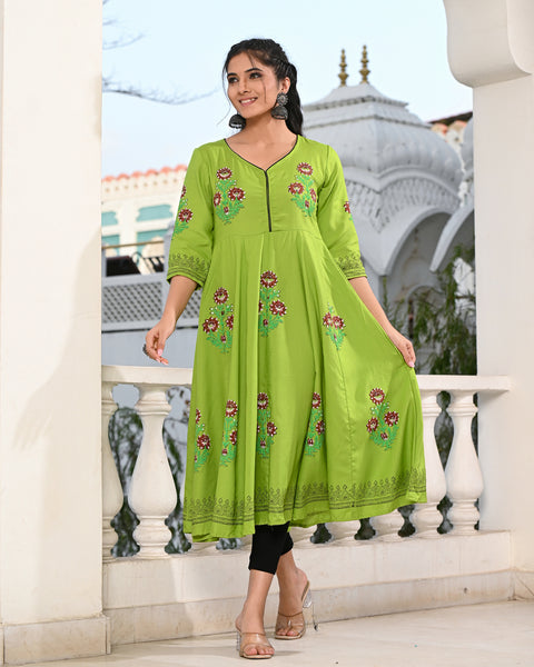 Block Printed Parrot Green Kurta 122-PGN