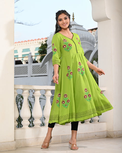 Block Printed Parrot Green Kurta 122-PGN