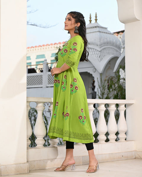 Block Printed Parrot Green Kurta 122-PGN