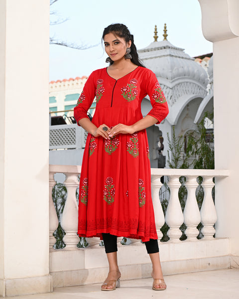 Block Printed Red Kurta 122-RED