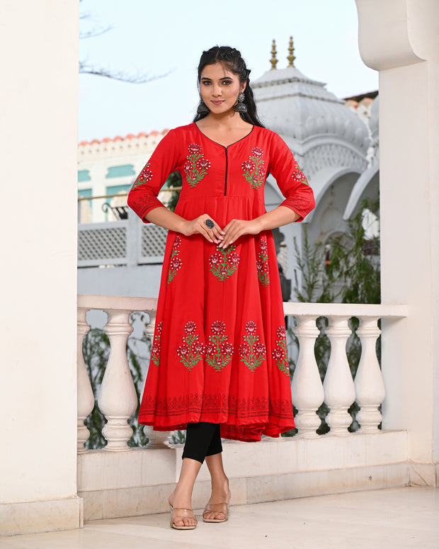 Block Printed Red Kurta 122-RED