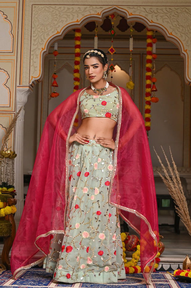 Turquoise Zari Work Lehenga Choli With Pink Dupatta | Online | Lovely  Wedding Mall