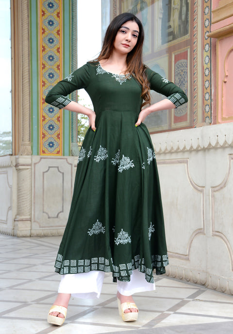 Block Printed Anarkali Bottle Green Kurta 158-GRN