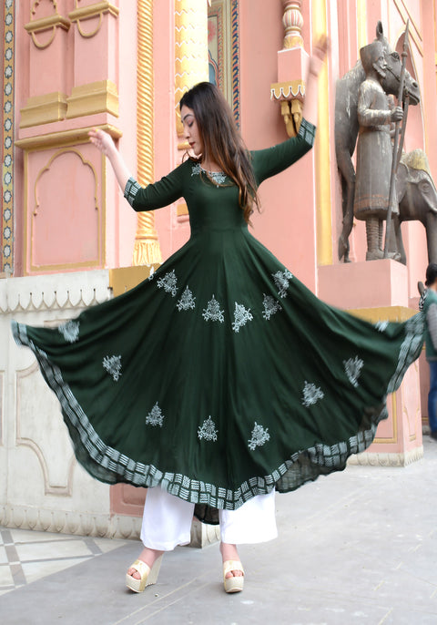 Block Printed Anarkali Bottle Green Kurta 158-GRN