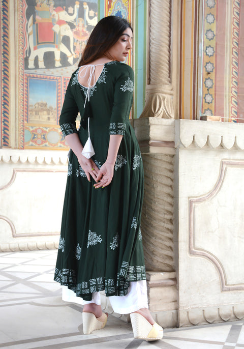 Block Printed Anarkali Bottle Green Kurta 158-GRN