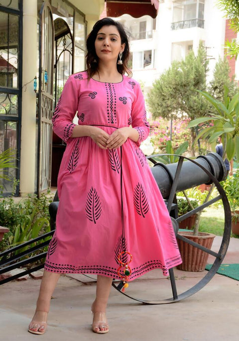 Block Printed Flared Pink Kurta 180-PNK