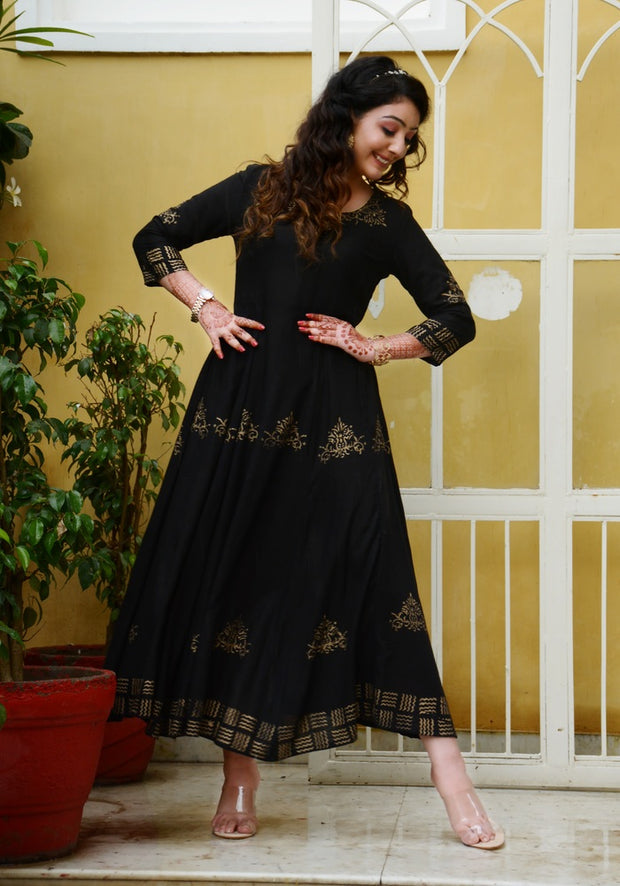 Black Batik Print with Thread and Sequins work Anarkali Gown – Seasons  Chennai