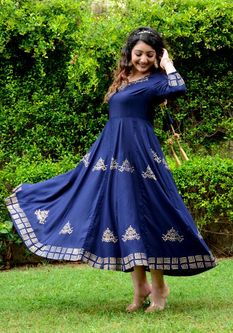 Block Printed Anarkali Blue Kurta 188-BLU