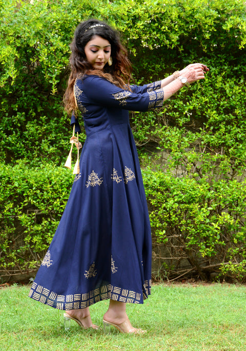 Block Printed Anarkali Blue Kurta 188-BLU