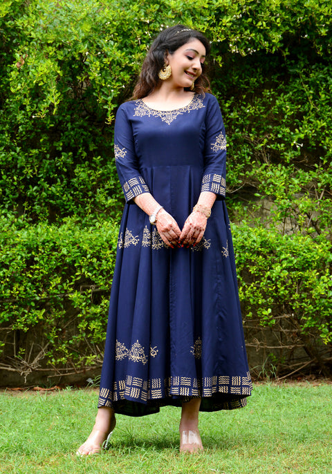 Block Printed Anarkali Blue Kurta 188-BLU