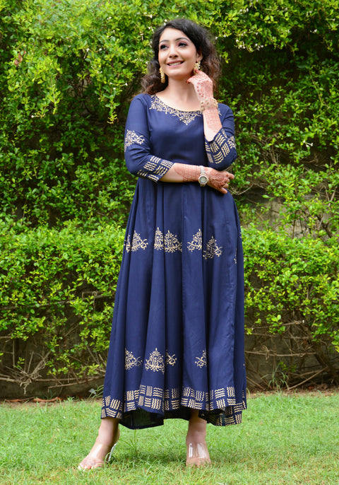 Block Printed Anarkali Blue Kurta 188-BLU