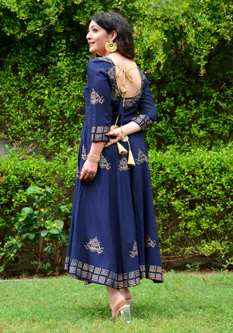 Block Printed Anarkali Blue Kurta 188-BLU