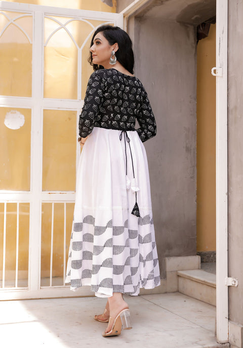 Women Black-White Floral Block Print Anarkali Kurta 213-WHT