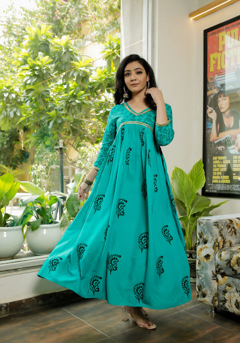 Women Blue Floral Block Print Kurta 214-BLU