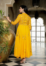 Women Yellow Floral Block Print Anarkali Kurta 215-YLW