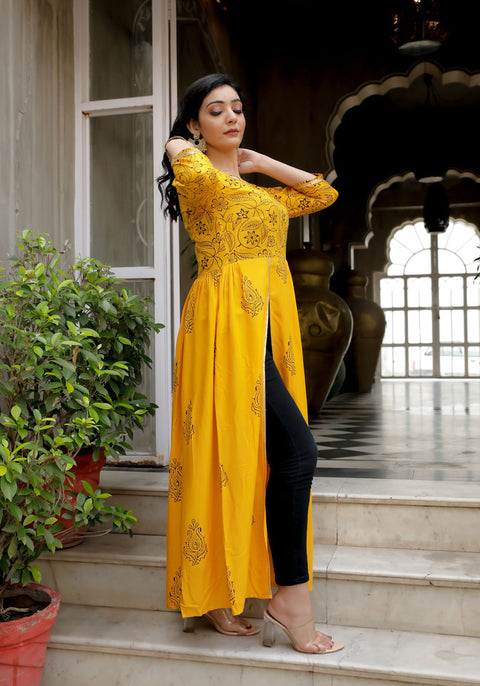 Yellow Floral Front Slit Kurti with Knotted Bells