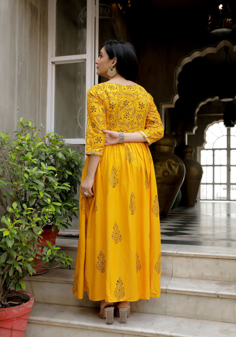 Women Yellow Floral Block Print Side Slit Kurta 216-YLW