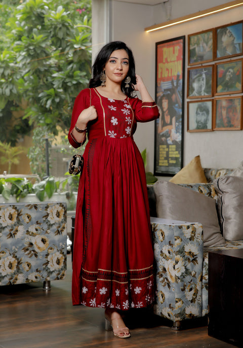 Women Maroon Floral Block Print Flared Kurta 217-MRN