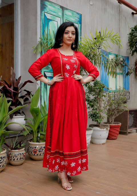 Women Red Floral Block Print Kurta 217-RED