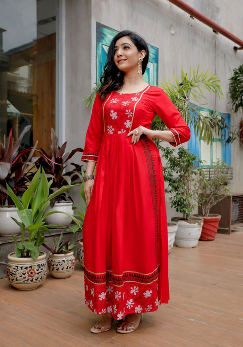 Women Red Floral Block Print Kurta 217-RED