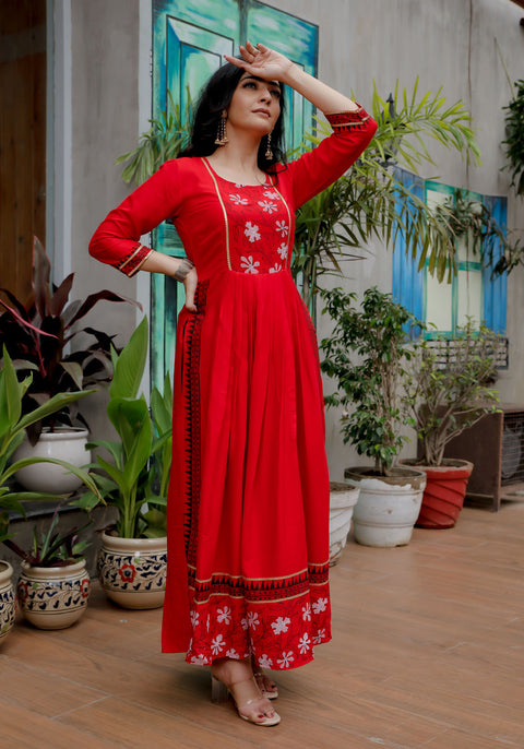 Women Red Floral Block Print Kurta 217-RED