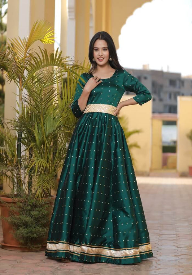 Casual Wear Plain Green Raw Silk Full Dress with Banarasi Dupatta