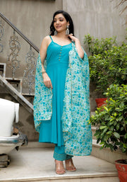 Blue Solid Suit Set With Floral Print Kota Doriya Dupatta 202-BLU