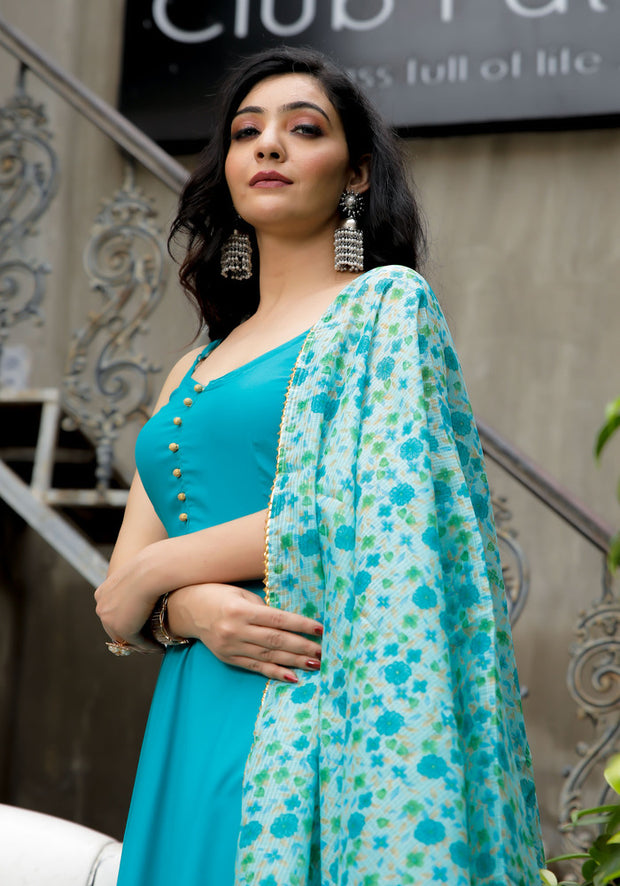 Blue Solid Suit Set With Floral Print Kota Doriya Dupatta 202-BLU