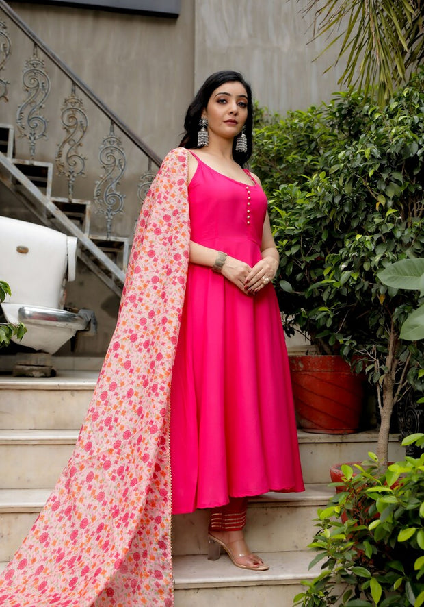 Pink Solid Suit Set With Floral Print Kota Doriya Dupatta 202-PNK