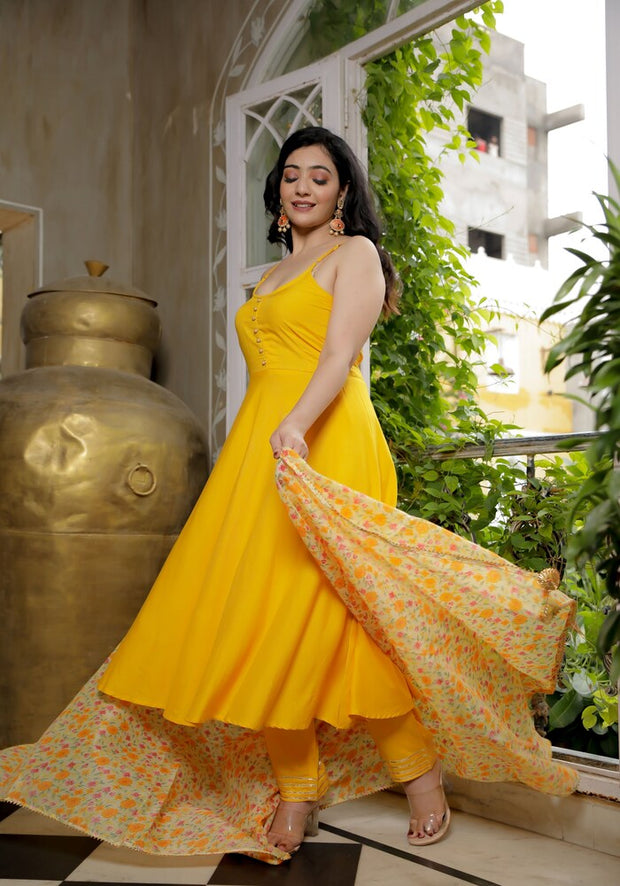 Yellow Solid Suit Set With Floral Print Kota Doriya Dupatta 202-YLW
