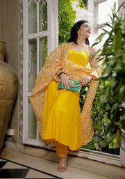 Yellow Solid Suit Set With Floral Print Kota Doriya Dupatta 202-YLW