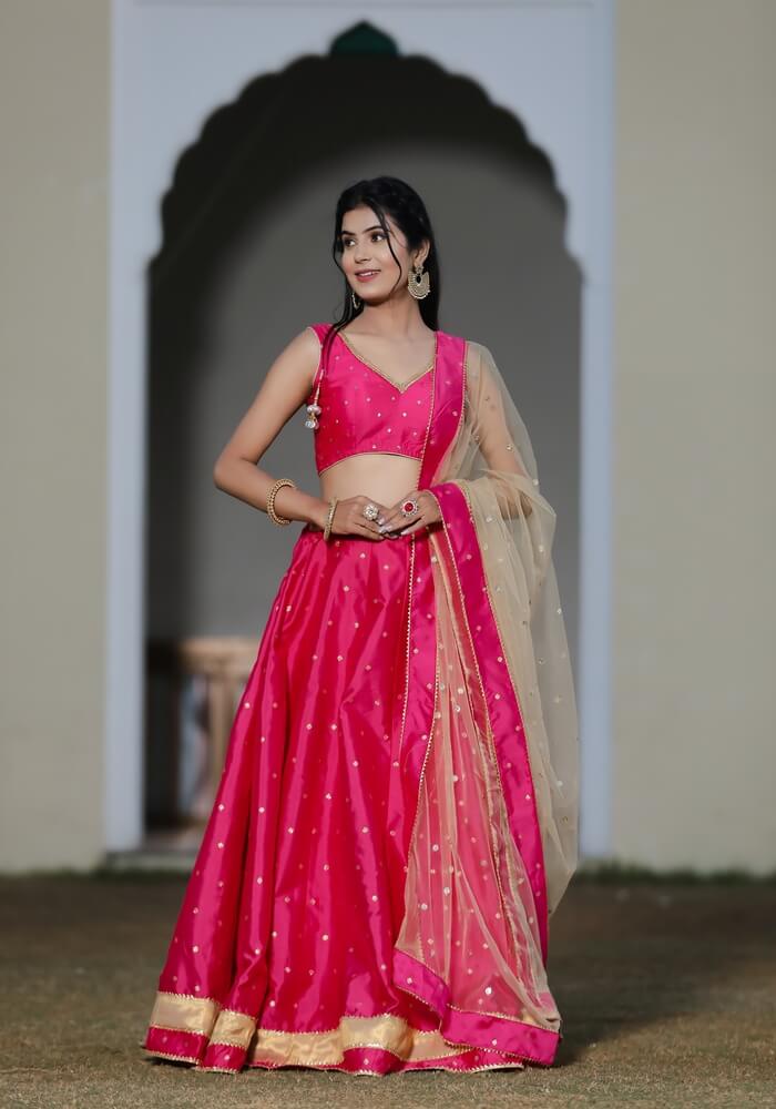 Buy Nitra Creation Women Traditional Embroidered Net Lehenga Choli With  Combination Of Gold Blouse Satin Silk, Pink Lehenga And Green Net Dupatta  at Amazon.in