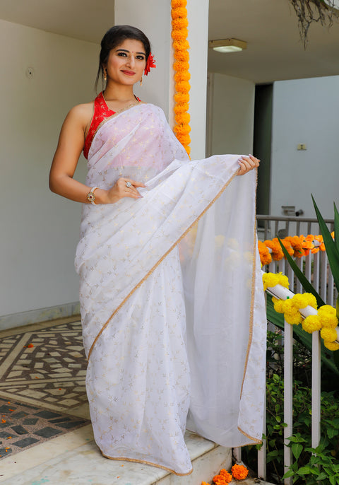 White Foil Printed Saree 105-WHT