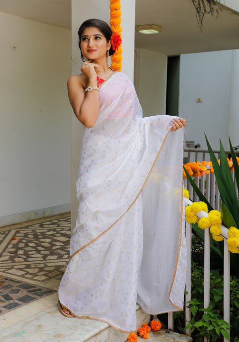 White Foil Printed Saree 105-WHT