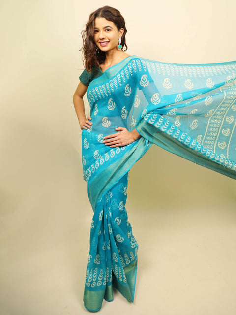 Soft cotton zari border printed saree  121-BLU