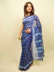 Soft cotton zari border printed saree  123-BLU