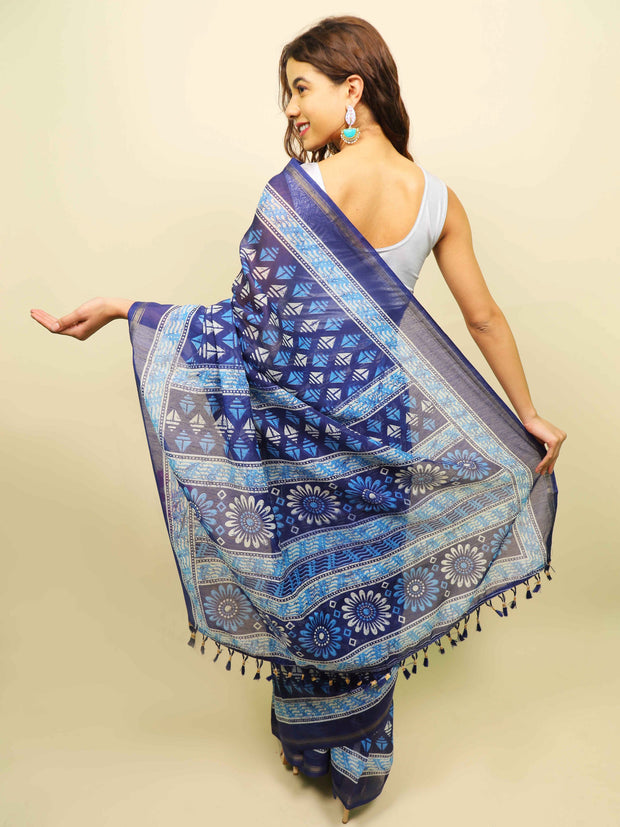 Soft cotton zari border printed saree  123-BLU