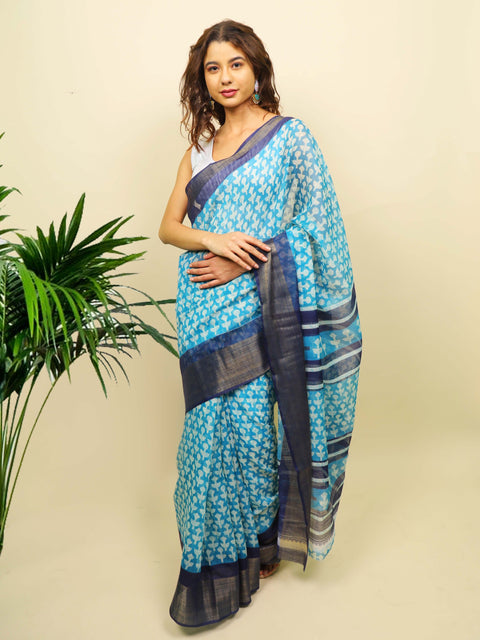 Soft cotton zari border printed saree  125-BLU