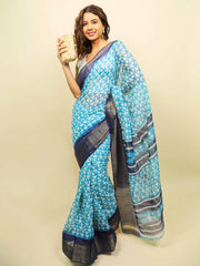 Soft cotton zari border printed saree  125-BLU
