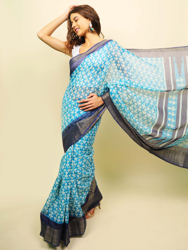 Soft cotton zari border printed saree  125-BLU