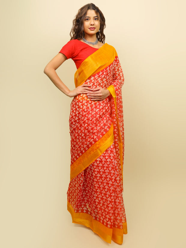 Soft cotton zari border printed saree  125-RED