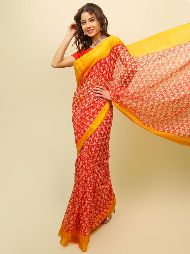 Soft cotton zari border printed saree  125-RED
