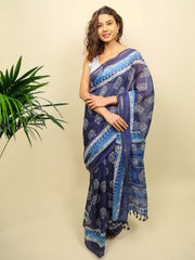 Soft cotton zari border printed saree  126-BLU