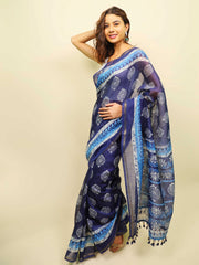 Soft cotton zari border printed saree  126-BLU