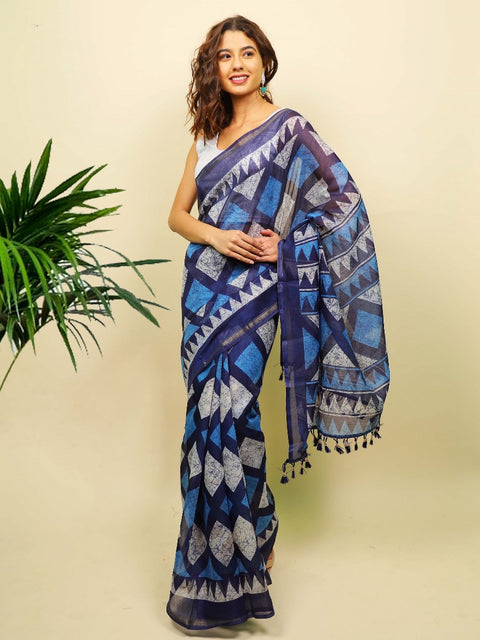 Soft cotton zari border printed saree  127-BLU