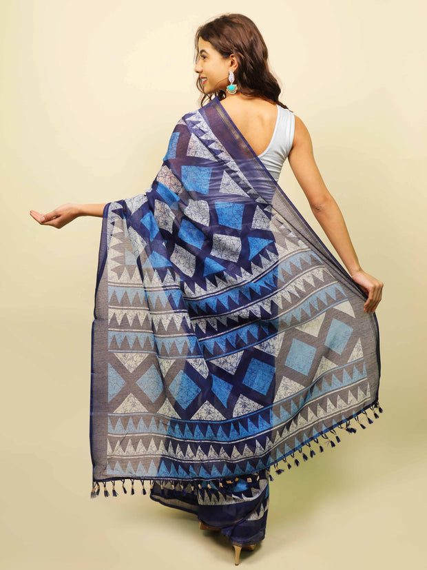 Soft cotton zari border printed saree  127-BLU